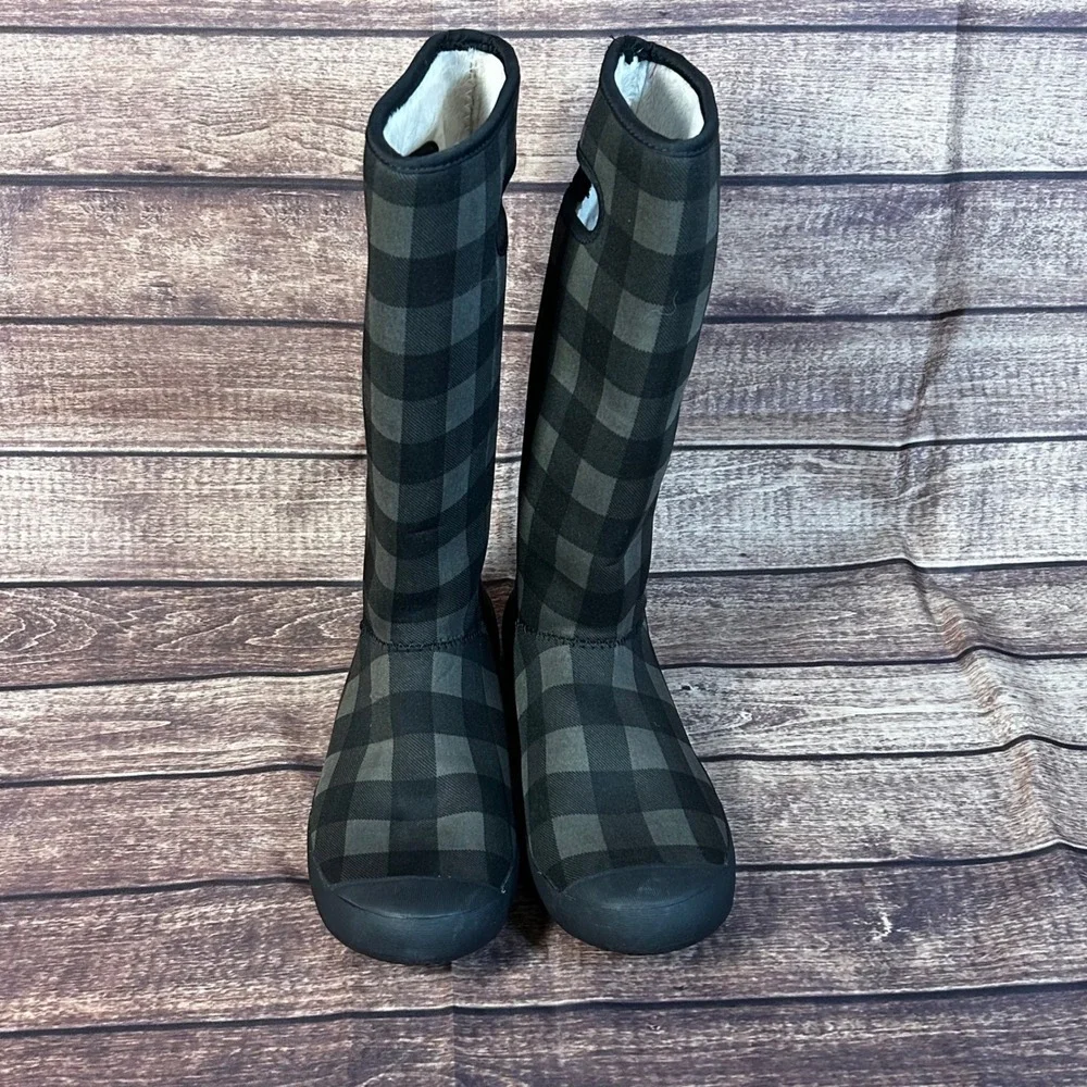 Bogs Summit Buffalo Plaid Waterproof Tall Boots Charcoal Black Womens 10